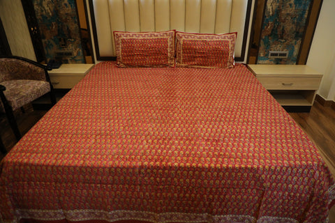 Hand Block Printed Marigold Floral Bed Cover Set – Brick Red, Yellow & Orange