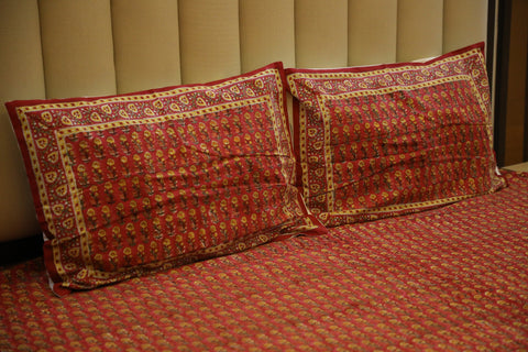 Hand Block Printed Marigold Floral Bed Cover Set – Brick Red, Yellow & Orange