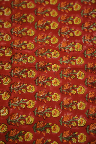 Hand Block Printed Marigold Floral Bed Cover Set – Brick Red, Yellow & Orange