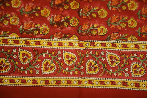 Hand Block Printed Marigold Floral Bed Cover Set – Brick Red, Yellow & Orange