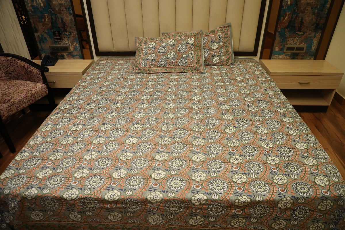 Hand Block Printed Floral Bed Cover Set – Slate Grey with Indigo, Olive & Terracotta Accents