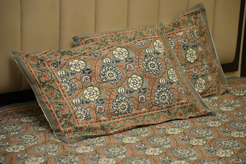Hand Block Printed Floral Bed Cover Set – Slate Grey with Indigo, Olive & Terracotta Accents