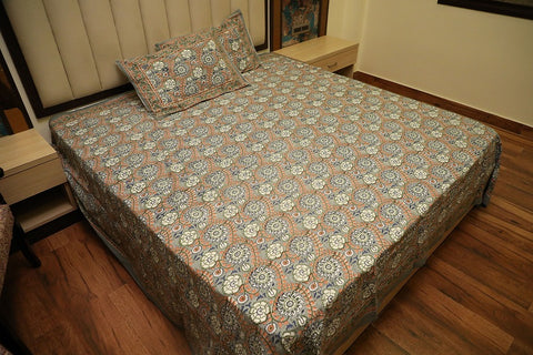 Hand Block Printed Floral Bed Cover Set – Slate Grey with Indigo, Olive & Terracotta Accents