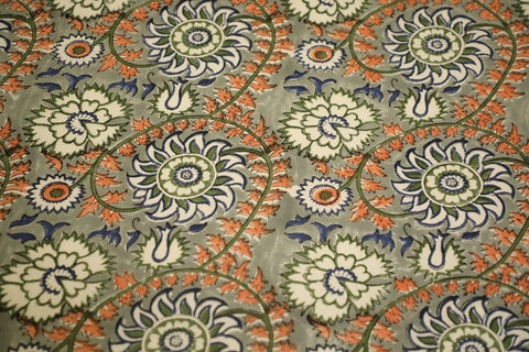 Hand Block Printed Floral Bed Cover Set – Slate Grey with Indigo, Olive & Terracotta Accents